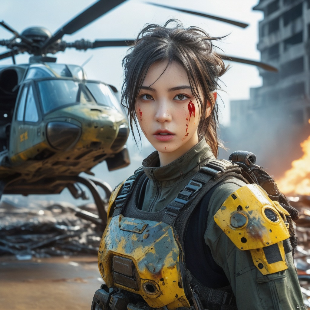  Postapocalyptic combat scene with a Beautiful hyperrealistic photograph of cute Young woman, ((dirty face Blood splattered)), (((wearing full heavy mecha armor, combat harness, Neon highlights) )) , combat pose, (((Holding on to the side of a combat Sci-Fi Combat helicopter) )), exterior of Destroyed building, Fires, Smoke, debris, Camo netting, Ammo Boxes, Rain, Stormy, Wet, abstract beauty, near perfection, pure form, intricate detail, 8k post-production, High resolution, super Detail, trending on ArtStation, sharp focus, studio photos, intricate detail, Very detailed, By Greg Rutkowski, xxmix_girl