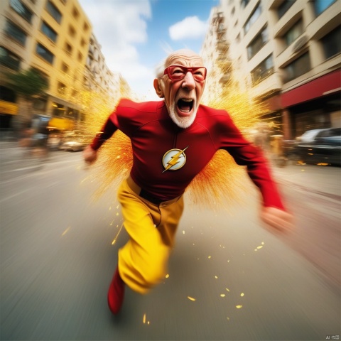 a frail old man is (running:1.05),open mouth,entangled in red currents, yellow and red drag shadows and remnants, energy exploding, surrounding buildings blurred by motion, superhero,The Flash,(motion blur:1.1),, (dynamic:1.1), (taken by go pro:1.3), (taken by 7.5mm fisheye lens:1.1), high-resolution,Photorealistic,realistic,analog style,realistic,film photography,soft lighting,best quality,ultra detailed,master piece