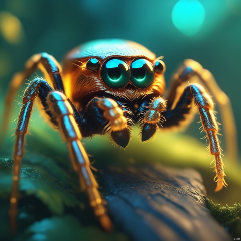  a close up of cute spider with big glowing eyes, inspired by Marek Okon, fantasy art, fantasy surreal photography cute, golden eyes, deep eyes, in style of beeple, jessica rossier and brian froud, rendered in keyshot, from pathfinder, epic full color illustration, full color illustration, octane render