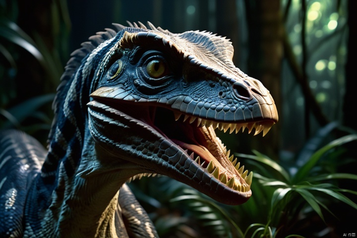 VRay, Delicate Evil (Velociraptor:1.2) , dark,jungle,split diopter, Ultra Detailed, Fearful,Dramatic spotlight, F/5, Single Color, masterpiece, digital cinematic, color grading ,natural lighting ,cool shadows, warm highlights, soft focus,   4k IMAX cinematography, dolby vision