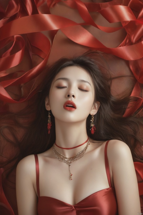  A girl was lying with her mouth open, her eyes half closed, panting, blushing,,licking lips,drooling, and a seductive expression,cum on face,bare shoulder,earing,necklace,straight teeth, large breasts, looking up, (She is suround by countless red ribbons:1.5), full of artistic beauty. The red ribbons occupy the entire picture, with a realistic style, high contrast, highly detailed, Movie Still,((bare foot,red dress,full body shot)),
