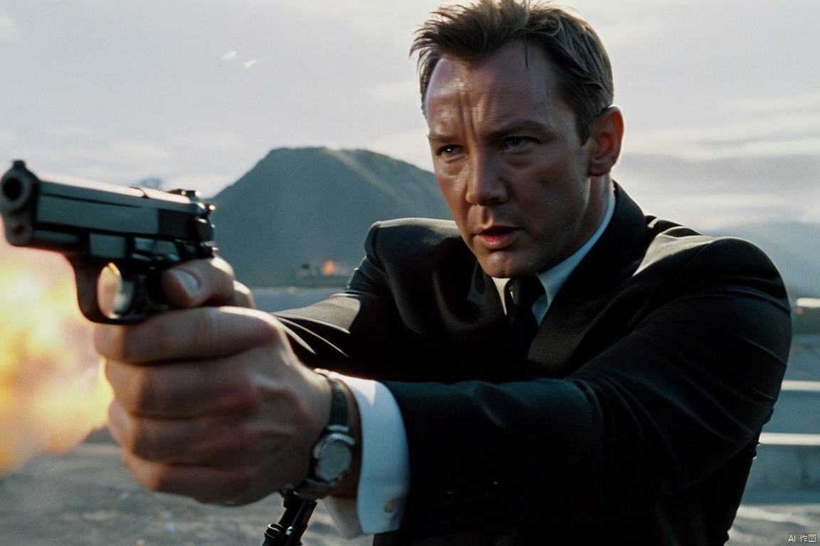  two man,closeup cinematic still of  James Bond in a black jacket holding a gun,shooting Keanu Reeves, shot from 007 , perfect eyes , from a movie