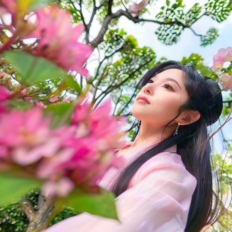 top down angle shot through pink flowers, wide shot, photograph, a beautiful with long black hairs,hanfu, under a tree, green leaf with some small white flowers, she looking up to camera, 