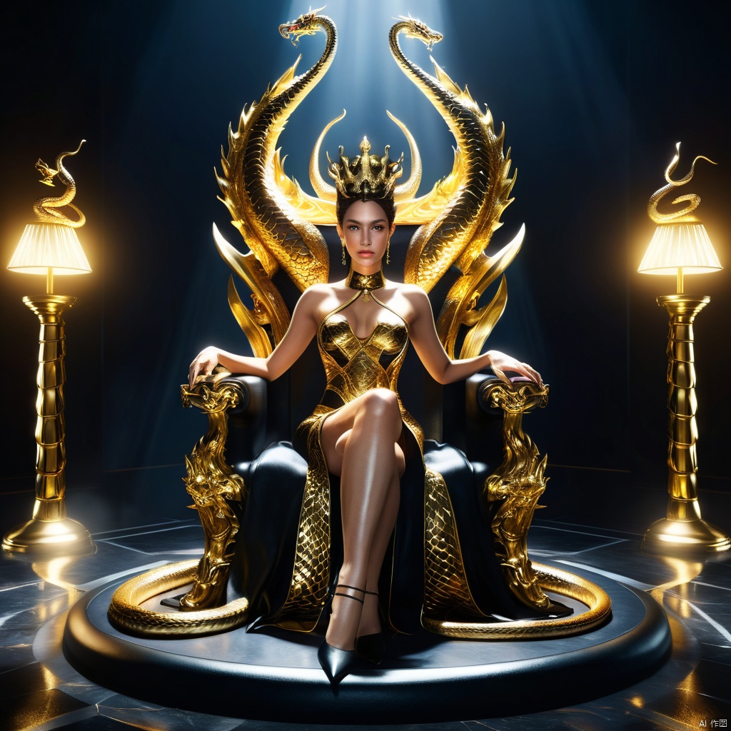 high contrast,natural light,A very beautiful queen sitting on a black throne made of gold, with a serpent-dragon like elements and design, intricate details, dramatic lighting, hyperrealism, photorealistic, cinematic, 8k sharp focus, unreal engine 5 effects
