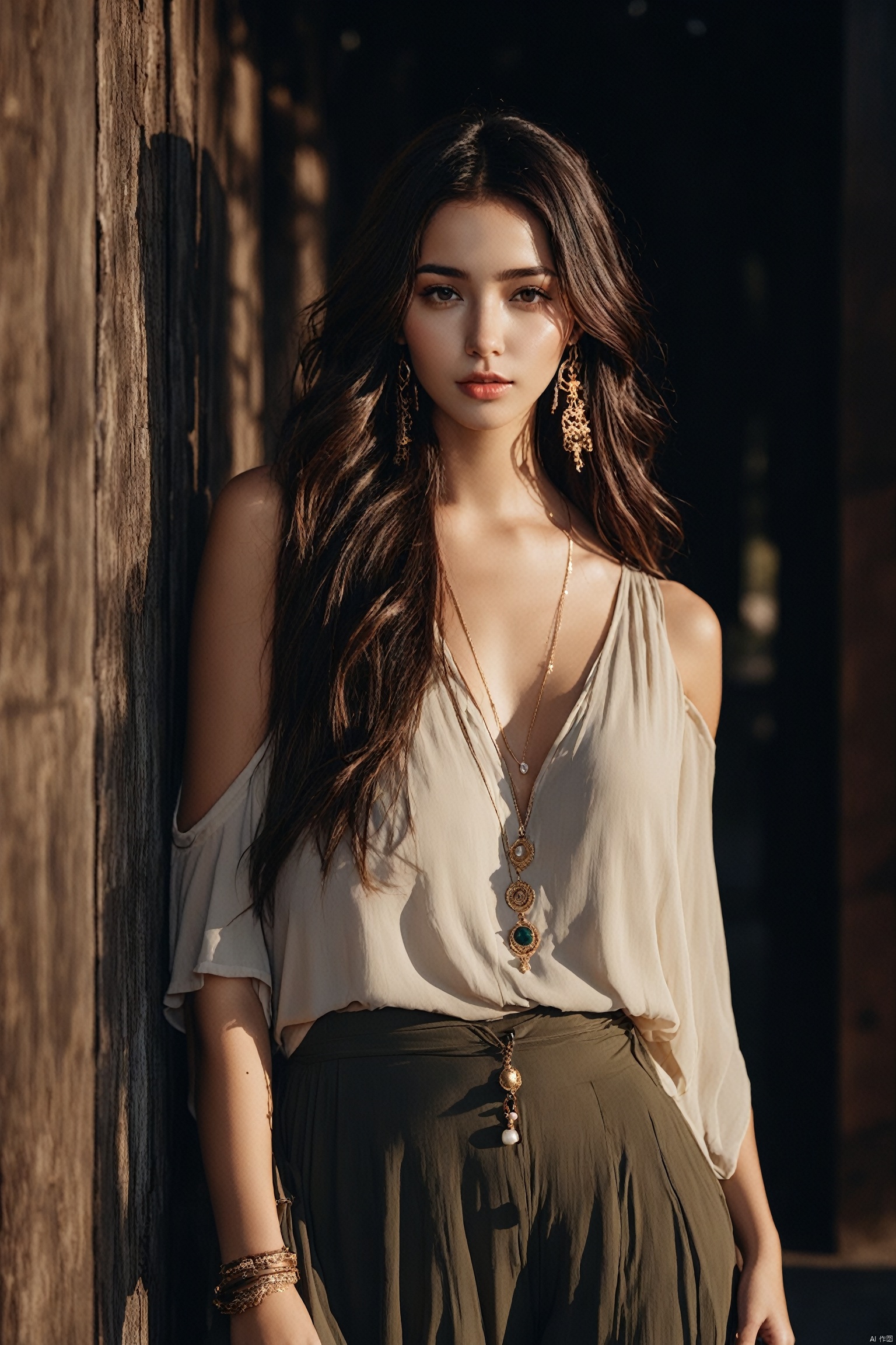  photographic of a girl, 20 years old, clear facial contour, upper body, looking at viewer, bohemian style, flowy dresses, wide-leg pants, fringe accessories, earthy tones, sandals, layered jewelry. Beautiful dynamic dramatic dark moody lighting, volumetric, shadows, BREAK, 35mm photograph, grainy, professional, 8k, highly detailed, Hasselbald 50mm lens f/1.9,[by ethan for CGArt Mayfly model]