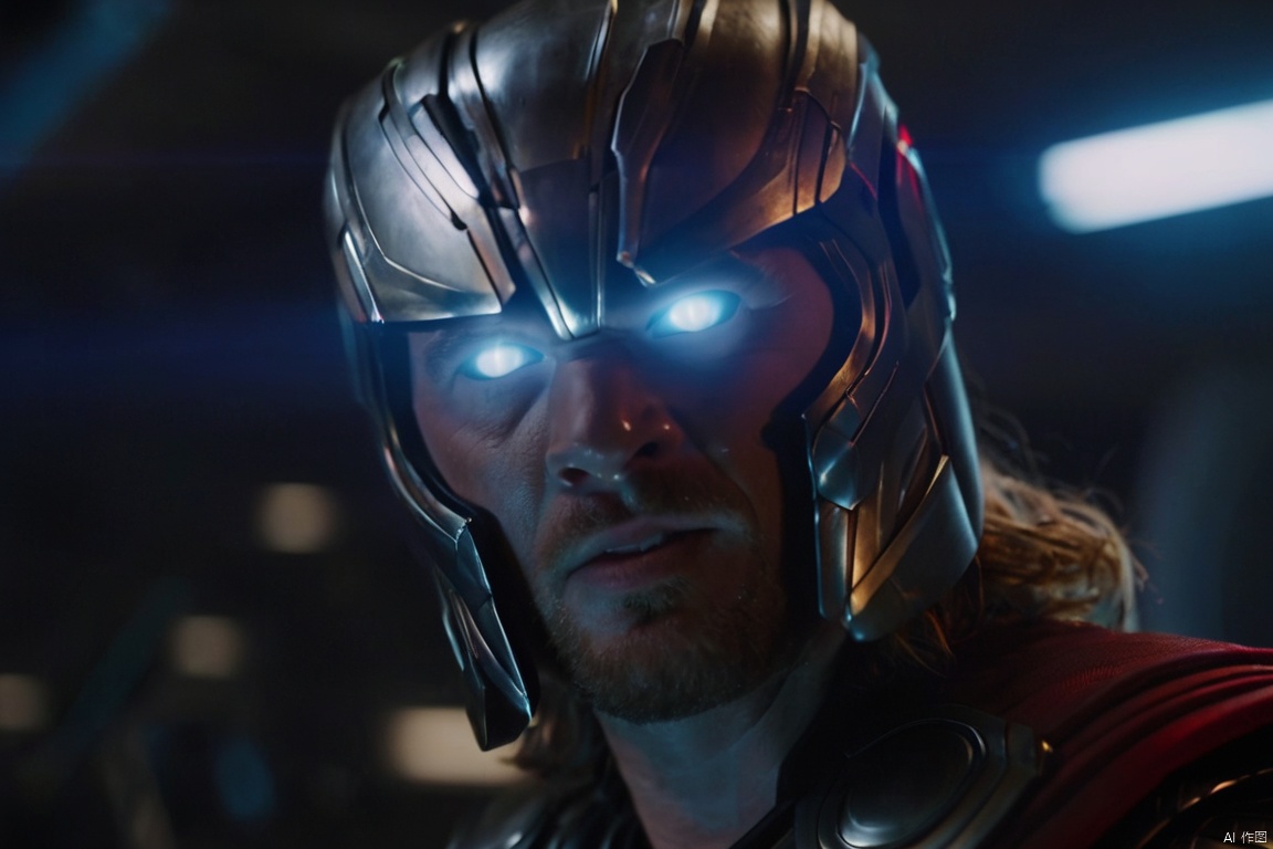 closeup cinematic still of  Thor,glowing eyes, shot from The Avengers ,from a movie