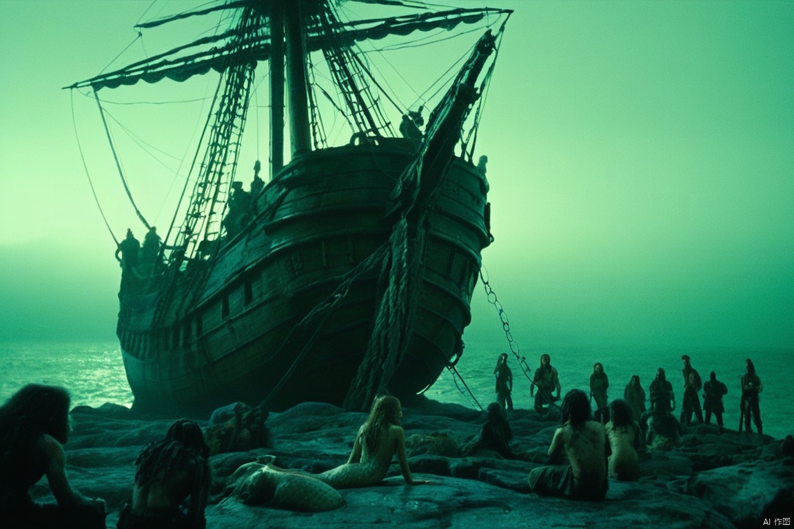  closeup cinematic still ,on a moonlit sea, an abandoned ship, on a rock, a mermaid is singing. Her tail is surrounded by crawling crew members, and several crew members tightly embrace her. The ground next to her is covered with white bones, dreamy, and eerie atmosphere, with a dark style and eerie wind, shot from Pirates of the Caribbean ,  from a movie