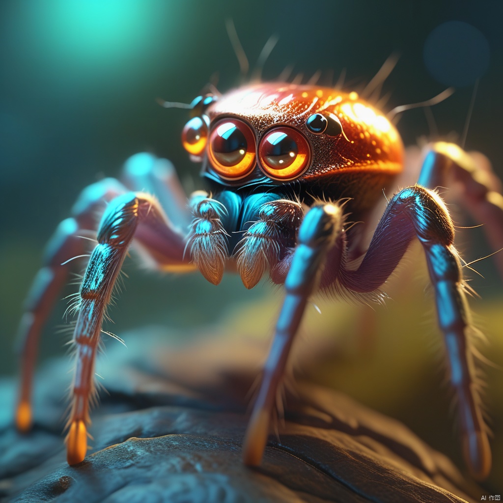  a close up of cute spider with big glowing eyes, inspired by Marek Okon, fantasy art, fantasy surreal photography cute, golden eyes, deep eyes, in style of beeple, jessica rossier and brian froud, rendered in keyshot, from pathfinder, epic full color illustration, full color illustration, octane render