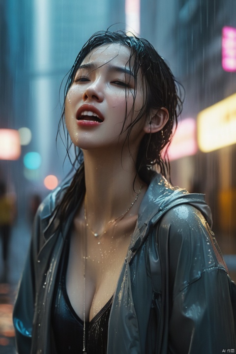  rainny day,A drenched girl was standing in cityscape,with her mouth open, her eyes half closed, panting, blushing,licking lips,drooling, earing,necklace,straight teeth,large breasts,realistic, light master, ((sweat, wet)),  close up,blur,raining,  wet hair, wet clothes, mist,neon lights, dark alleys, skyscrapers, futuristic, vibrant colors, high contrast, highly detailed, Movie Still