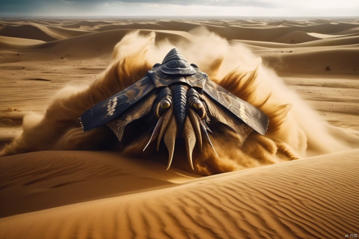  closeup cinematic still ,adventure movies,dark theme,desert, rolling yellow sand,((sand strom)),(close up)Capture a giant monster showing his huge moth with sharp teeth,from above,Aerial perspective,amidst swirling dust and desert sands. Embrace the action and chaos as these formidable forces clash in the heart of the dunes,from a movie