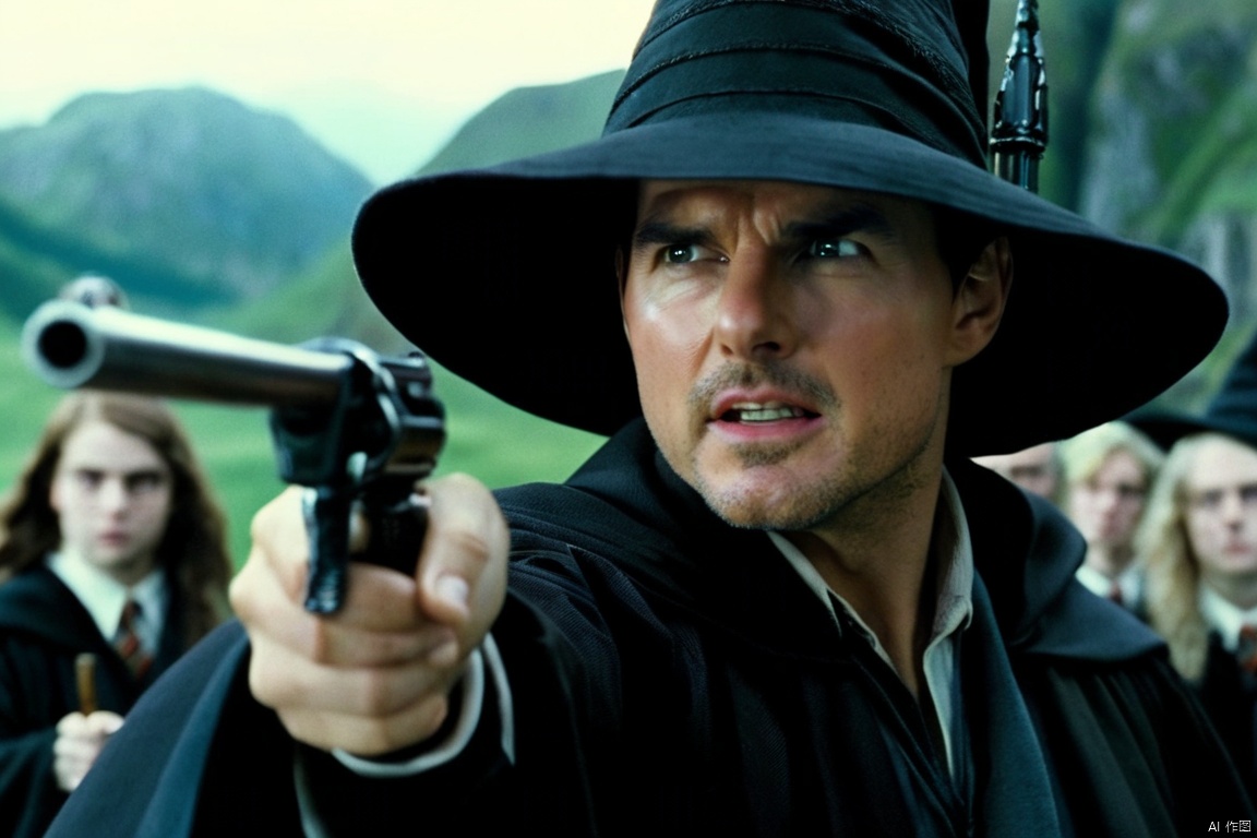  two man,closeup cinematic still of Tom Cruise holding a gun,wearing Wizard Hat and Magic Wand and Robe,shot from Harry Potter , perfect eyes , from a movie