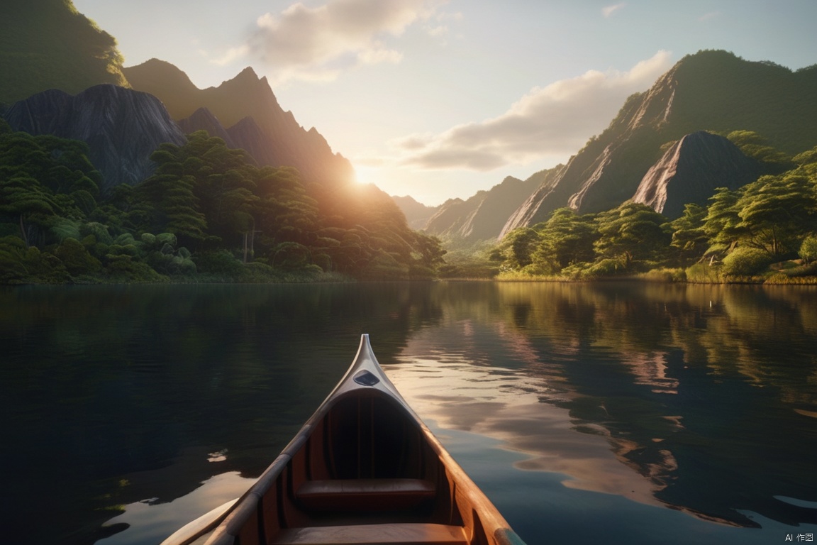 shoulder level shot, A serene Canoe inner peace class on a calm lake, surrounded by mountains at sunrise, (Photorealistic Cinematic lighting 4K quality super realistic detailed photo style cinematic 35mm rich deep colors masterpiece ultra high resolution photorealism 8k hyper realism fujifilm :1.3)
﻿
﻿
