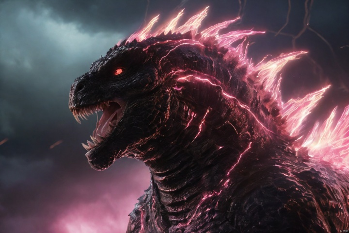  Science fiction elements, close-up shots, (Godzilla's glowing pink dorsal fin,glowing eyes,pink flames on mouth,pink lightning and electricity around his skin, realistic, cinematic,