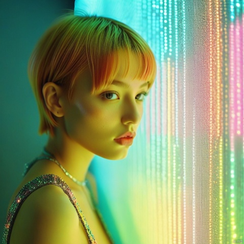analog photo, dark shot, low key, action, (a intelligent afghan girl, 20 years old:1.1), strawberry blonde pixie bob hair, huge tits, fit, reflections on the wall background, abstraction atmosphere, (prismatic, holographic:1.2), sparkles, neon pixels, (neon light:1.1), chaotic, fashion magazine, (intricate details:0.9), (hdr, hyperdetailed:1.2)
