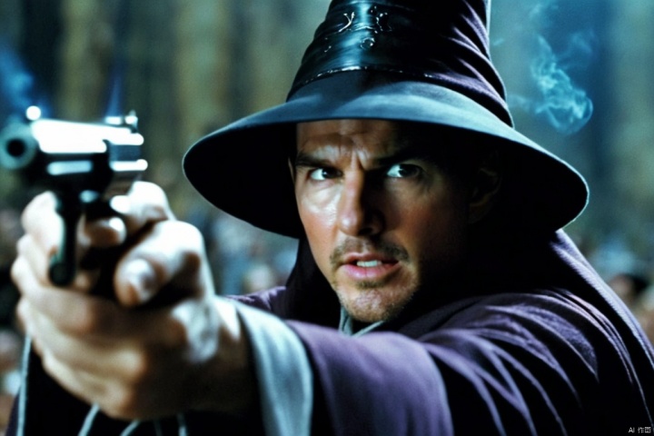  two man,closeup cinematic still of Tom Cruise holding a gun,wearing Wizard Hat and Magic Wand and Robe,shot from Harry Potter , perfect eyes , from a movie