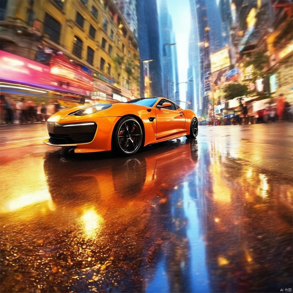  a sports car is racing very fast in city street at night,rainny day,which are damp and reflective, with some water stains on the ground, creating a mirror effect under the illumination of colored lights,energy exploding, ,Time travel,speed lines,(motion blur:1.1),, (dynamic:1.1), (taken by go pro:1.3), (taken by 7.5mm fisheye lens:1.1), high-resolution,Photorealistic,realistic,analog style,realistic,film photography,soft lighting,best quality,ultra detailed,master piece
