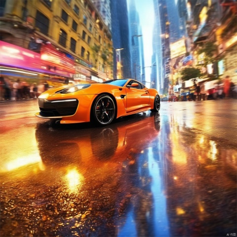  a sports car is racing very fast in city street at night,rainny day,which are damp and reflective, with some water stains on the ground, creating a mirror effect under the illumination of colored lights,energy exploding, ,Time travel,speed lines,(motion blur:1.1),, (dynamic:1.1), (taken by go pro:1.3), (taken by 7.5mm fisheye lens:1.1), high-resolution,Photorealistic,realistic,analog style,realistic,film photography,soft lighting,best quality,ultra detailed,master piece