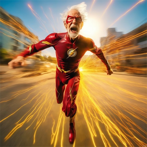  a frail old man is (running:1.05),open mouth,entangled in red currents, yellow and red drag shadows and remnants, energy exploding, superhero,The Flash,sun way,Laser light lines,(motion blur:1.1),, (dynamic:1.1), (taken by go pro:1.3), (taken by 7.5mm fisheye lens:1.1), high-resolution,Photorealistic,realistic,analog style,realistic,film photography,soft lighting,best quality,ultra detailed,master piece