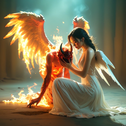  female angel and Ugly demon,vivid colors, realistic style,
epic scene, fabulous,
//(dynamic poses:1.4),A female angel in a white dress kneels, with a Ugly demon holding a flame in his hand in the background, rich visual hierarchy, medium shot, realistic style, delicate details,Natural lighting, subdued and diffuse,