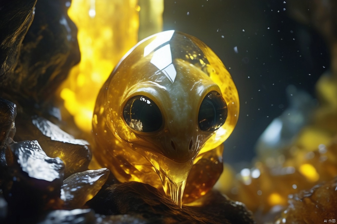 Science fiction elements, close-up shots, unknown caves, white crystals wrapped in a semi transparent amber in the center (a juvenile alien creature can be vaguely seen in the yellow amber), (pointed, without eyes, a vertical mouth: 1.4), (it is soaked in unknown liquid: 1.4), realistic, cinematic,