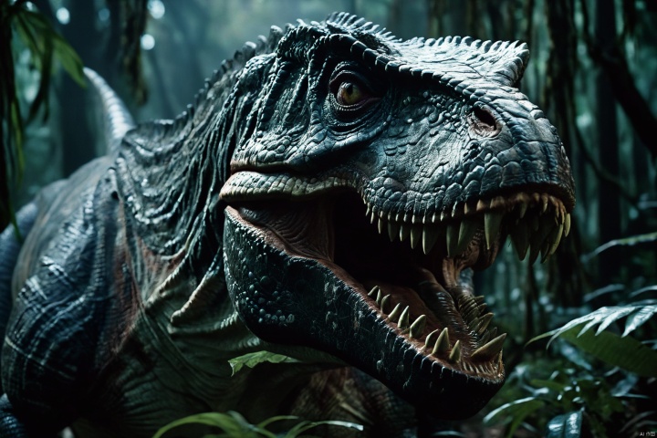  closeup cinematic still of Tyrannosaurus Rex in dark jungle,, shot from game of thrones, perfect eyes , from a movie,