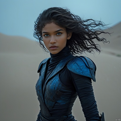  Science fiction style, fantasy,dune movie style,Gray tone, filled with dark images, dark sky,photographic of a girl, Zendaya Coleman,glowing blue eyes,20 years old, her body is coverd with sand and dirty,gray porous HIJAB,shoulder pads, knee pads, elbow pads, tactical gloves,clear facial contour, black curly long hair,floating hair , Black armor, knife, Beautiful dynamic dramatic dark moody lighting, volumetric, shadows, 35mm photograph, grainy, professional, 8k, highly detailed, Hasselbald 50mm lens f/1.9,