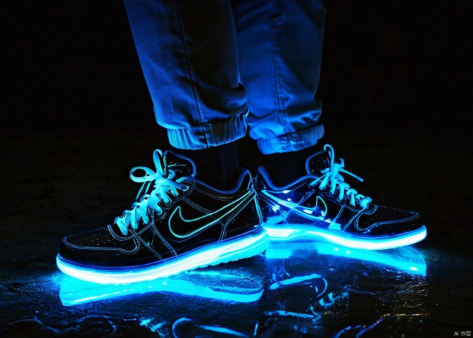 spontaneous picture of bioluminescent sneakers, perfect picture, high resolution, professional