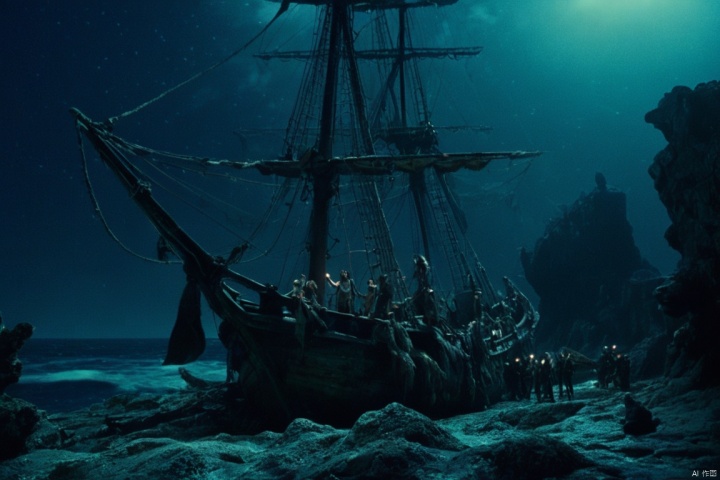  closeup cinematic still ,on a moonlit sea, an abandoned ship, on a rock, a mermaid is singing. Her tail is surrounded by crawling crew members, and several crew members tightly embrace her. The ground next to her is covered with white bones, dreamy, and eerie atmosphere, with a dark style and eerie wind, shot from Pirates of the Caribbean ,  from a movie