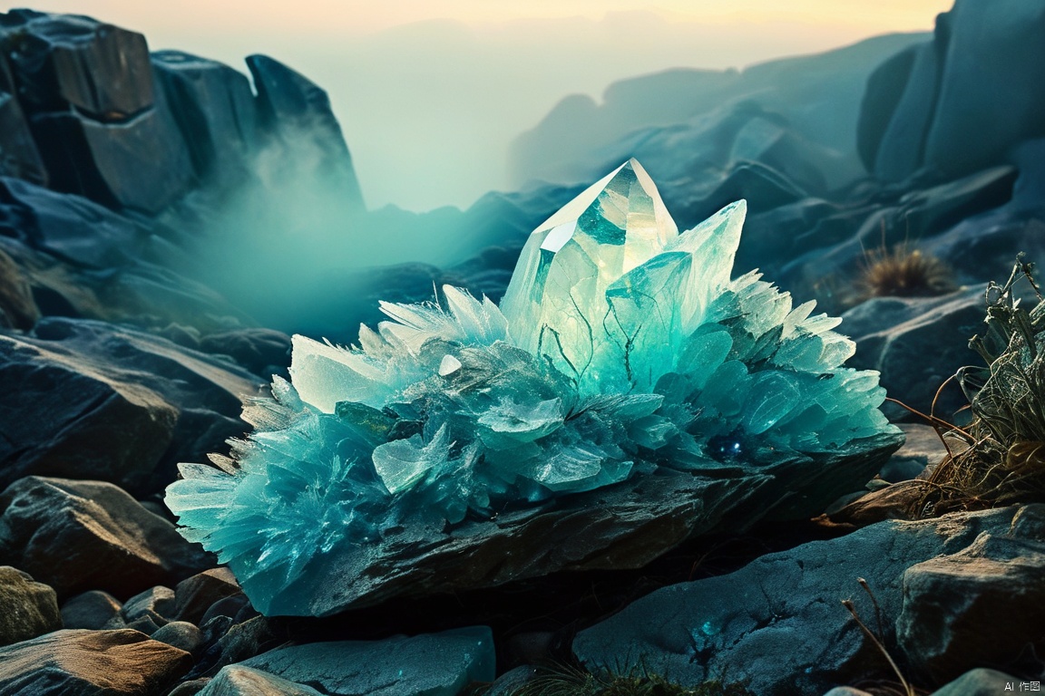  [luminescent single] ((((raw)))) luminescent aquamarine crystal, zavy-lghttrl, 20centimeters high, thin, deeply (((set in rocks))), in natural landscape of rocky hills, magical foggy atmosphere, outdoors, dramatic light, fantasy, (Ultra-HD-photo-same-realistic-quality-details), cinematic, intricate details, masterpiece, (from above), (((zoomed out)))
