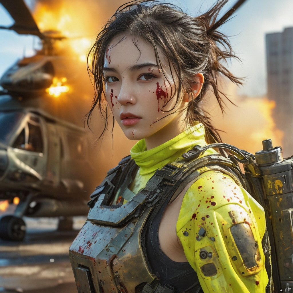  Postapocalyptic combat scene with a Beautiful hyperrealistic photograph of cute Young woman, ((dirty face Blood splattered)), (((wearing full heavy mecha armor, combat harness, Neon highlights) )) , combat pose, (((Holding on to the side of a combat Sci-Fi Combat helicopter) )), exterior of Destroyed building, Fires, Smoke, debris, Camo netting, Ammo Boxes, Rain, Stormy, Wet, abstract beauty, near perfection, pure form, intricate detail, 8k post-production, High resolution, super Detail, trending on ArtStation, sharp focus, studio photos, intricate detail, Very detailed, By Greg Rutkowski, xxmix_girl