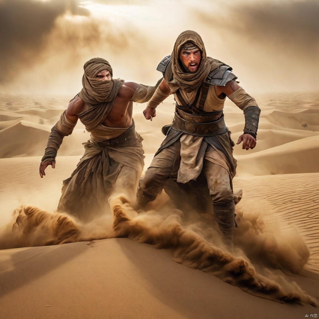 very dark focused flash photo, amazing quality, masterpiece, best quality, hyper detailed, ultra detailed, UHD, perfect anatomy, portrait, dof, hyper-realism, majestic, awesome, inspiring,Capture the thrilling showdown between the ancient mummy and the colossal sand boss in an epic battle amidst swirling dust and desert sands. Embrace the action and chaos as these formidable forces clash in the heart of the dunes. cinematic composition, soft shadows, national geographic style
