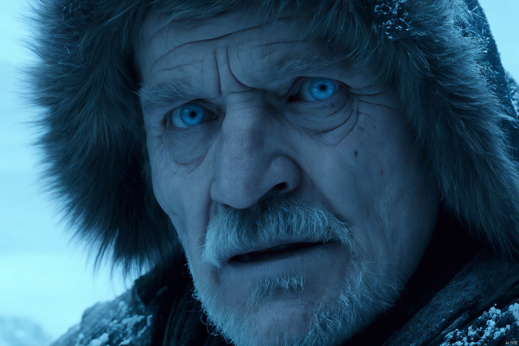  closeup cinematic still of a old man,snow - covered face, blue eyes,detailed face,detailed eyes, ,shot from game of thrones, perfect eyes , from a movie,blue ray,4k,