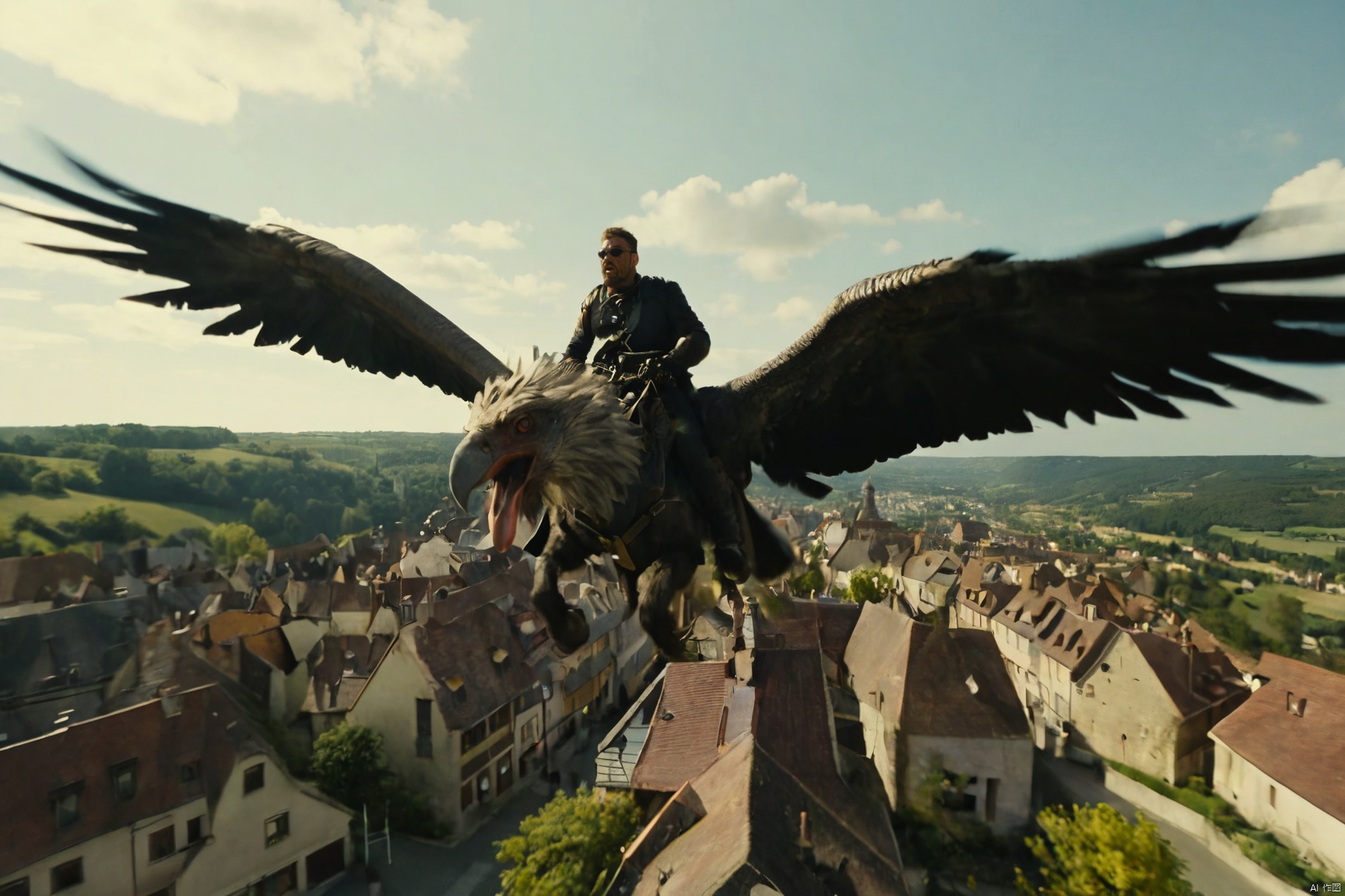  wide angle of , directed by directors cinemastyles, A griffon rider patrolling the skies over a European towns.

