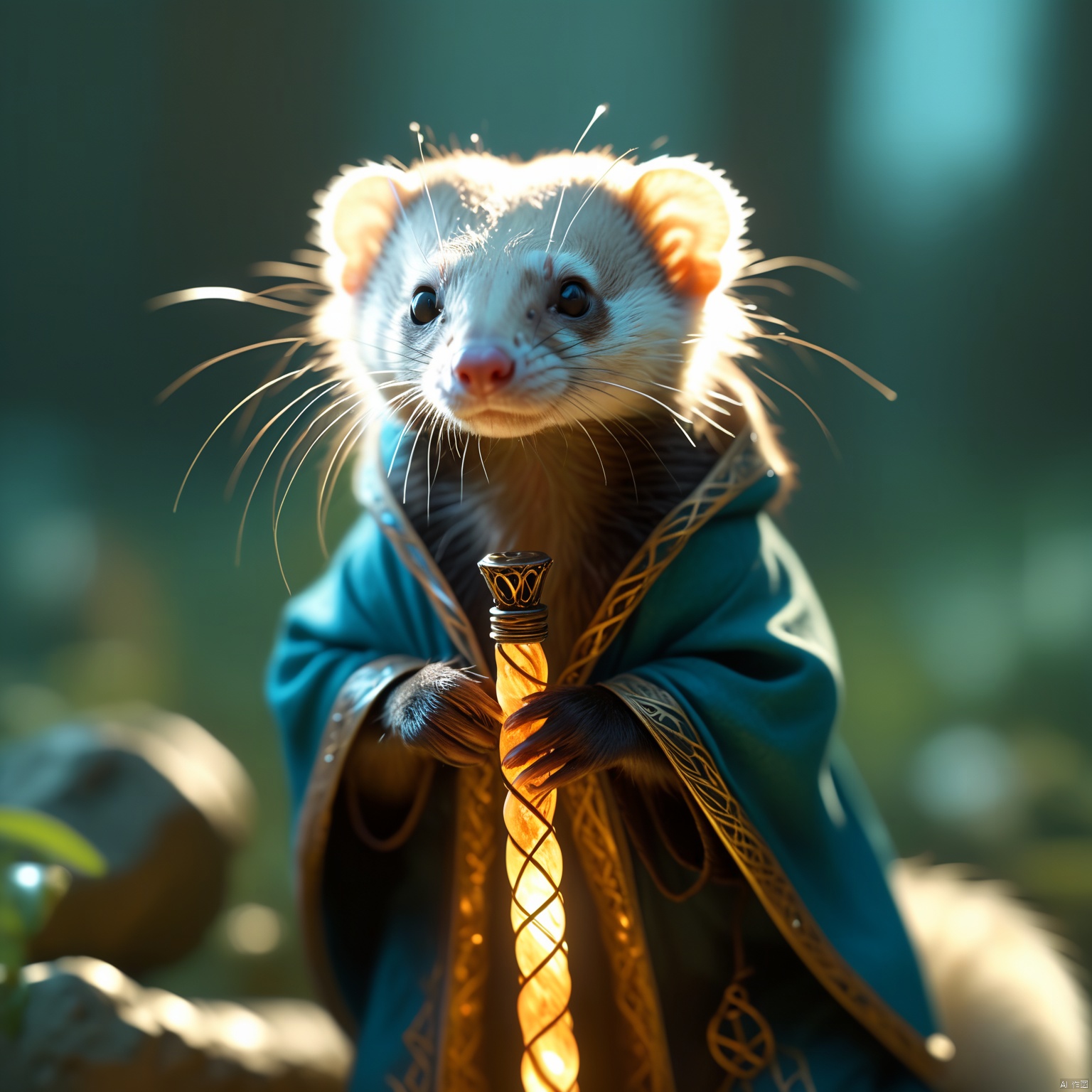  a mystic cute ferret wearing a glowing runes cloak,standing and catching a staff covered in glowing runes,high-resolution,big eyes,Photorealistic,realistic,analog style,realistic,film photography,soft lighting,best quality,ultra detailed,master piece