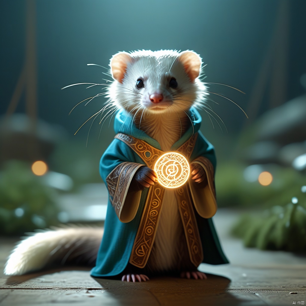  a mystic cute ferret wearing a glowing runes cloak,standing and catching a staff covered in glowing runes,high-resolution,big eyes,Photorealistic,realistic,analog style,realistic,film photography,soft lighting,best quality,ultra detailed,master piece