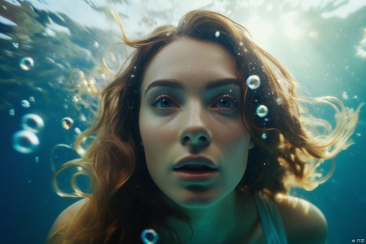  closeup cinematic still of a beautiful women diving underwater,floating hair,Shining ripples on face,underwater small Bubbles,  perfect eyes , from a movie