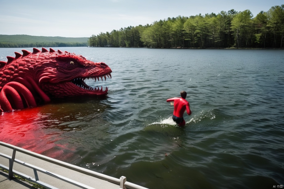 A lake turning red as a sea monster drags a swimmer under.