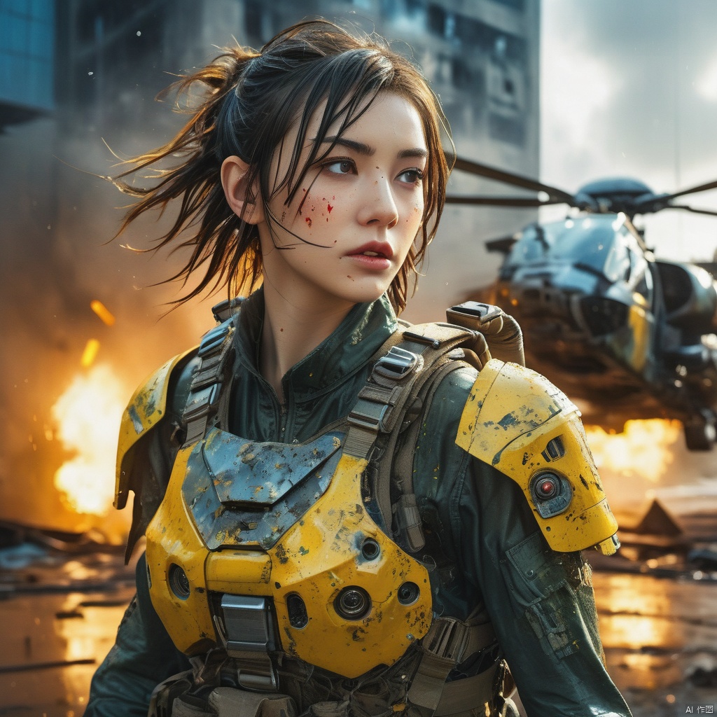  Postapocalyptic combat scene with a Beautiful hyperrealistic photograph of cute Young woman, ((dirty face Blood splattered)), (((wearing full heavy mecha armor, combat harness, Neon highlights) )) , combat pose, (((Holding on to the side of a combat Sci-Fi Combat helicopter) )), exterior of Destroyed building, Fires, Smoke, debris, Camo netting, Ammo Boxes, Rain, Stormy, Wet, abstract beauty, near perfection, pure form, intricate detail, 8k post-production, High resolution, super Detail, trending on ArtStation, sharp focus, studio photos, intricate detail, Very detailed, By Greg Rutkowski, xxmix_girl