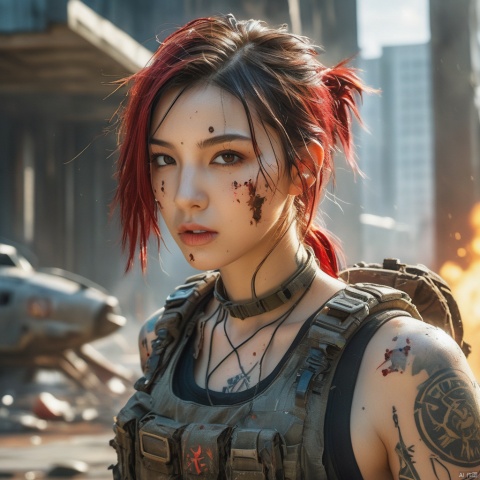  Postapocalyptic combat scene with a Beautiful hyperrealistic photograph of cute Young woman with Runic tattoos, ((dirty face Blood splattered) ), (((wearing full heavy mecha armor, combat harness, Neon highlights) )) Short Red Dreadlocks, combat pose, (((Holding on to the side of a combat Sci-Fi Combat helicopter) )), exterior of Destroyed building, Fires, Smoke, debris, Camo netting, Ammo Boxes, Rain, Stormy, Wet, abstract beauty, near perfection, pure form, intricate detail, 8k post-production, High resolution, super Detail, trending on ArtStation, sharp focus, studio photos, intricate detail, Very detailed, By Greg Rutkowski, xxmix_girl