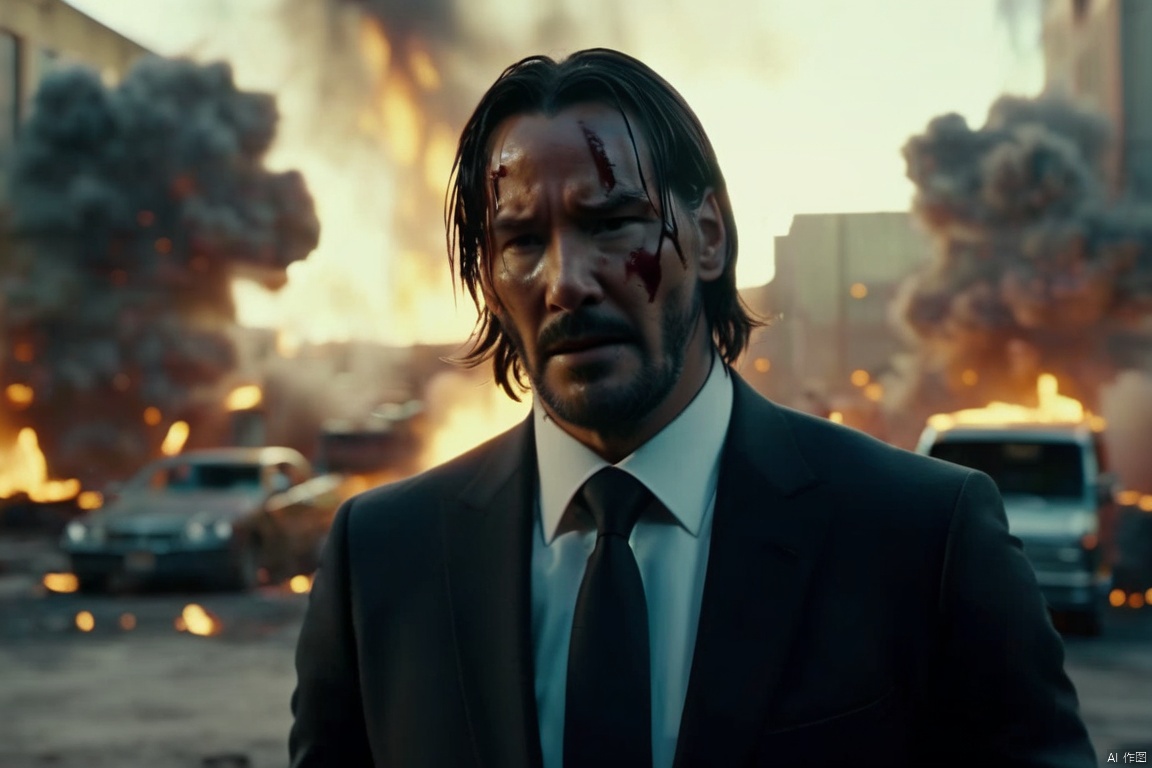 cinematic film still of  Cinematic Film stock footage in (arri alexa style) Kodak film print, John Wick surrounded by big explosions, shallow depth of field, vignette, highly detailed, high budget, bokeh, cinemascope, moody, epic, gorgeous, film grain, grainy