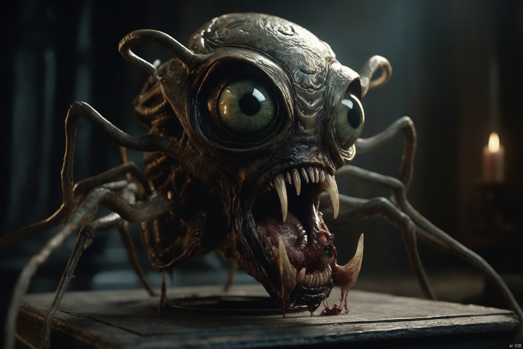  movie still of professional 3d model Horror-themed photo depicting an ancient eldritch device that rips reality apart to let unspeakable horrors seep into out reality, drooling insectoid head . Eerie, unsettling, dark, spooky, suspenseful, grim, highly detailed . octane render, highly detailed, volumetric, dramatic lighting