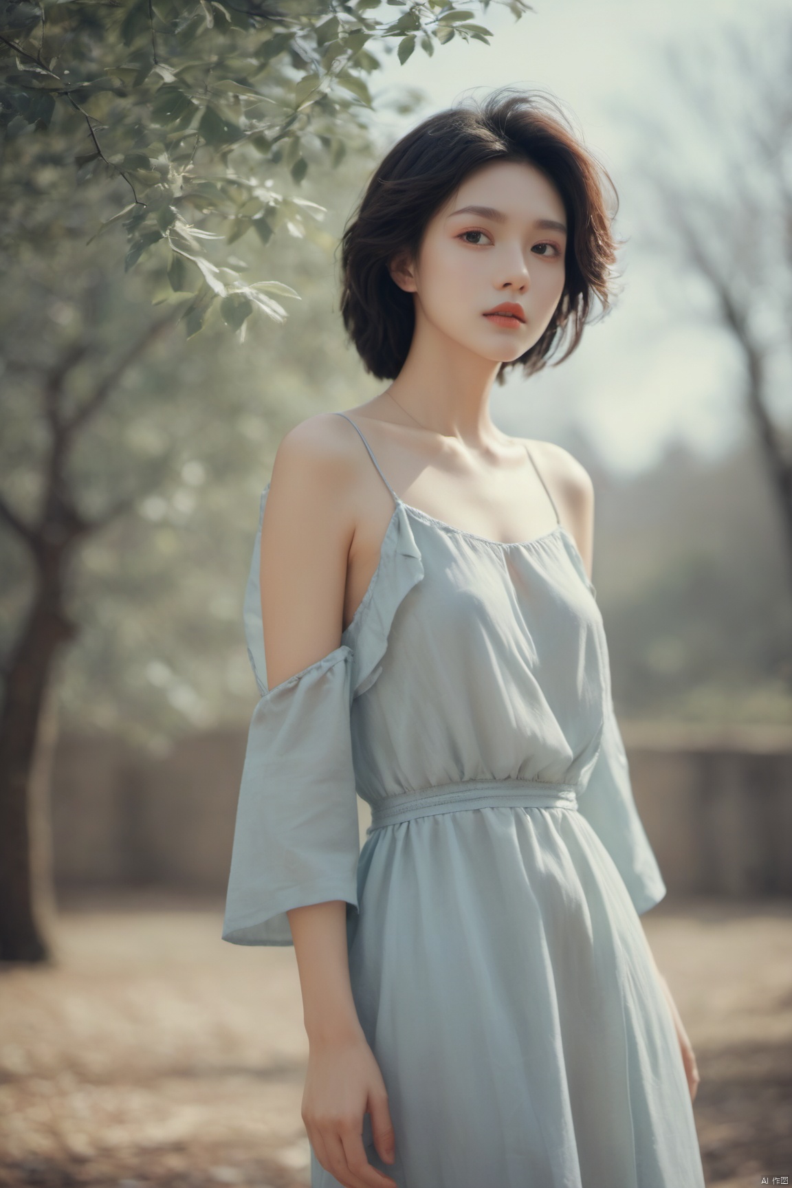  Faded Polaroid Photo, caught off guard, dynamic angle, shot from side, medium shot, short curly hairs, black hairs, chinese lady, solo, black eyes, looking back to viewers in shock, smile with surprise, shy, long dress, white blouse dress, lean on tree, delicate sunlight and shadows, motion blur,spring, simple background with trees, garden, blue tone, high heels, Kodak film 100, watermark of date, pretty face, delicate makeup, long lashes, red lips, delicate eyes, 80's, best quality, highres, delicate details, analog, old faded photo, old polaroid,