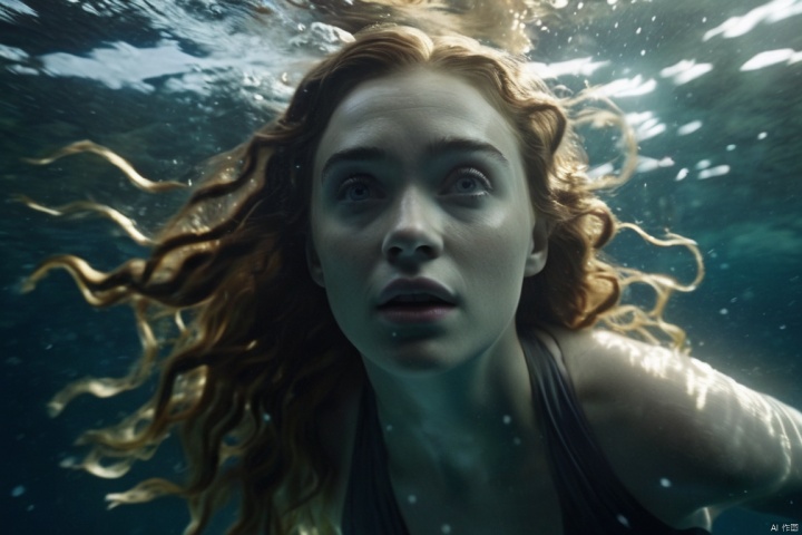  closeup cinematic still of a beautiful women swimming underwater,floating hair,Shining ripples on face, shot from game of thrones , perfect eyes , from a movie