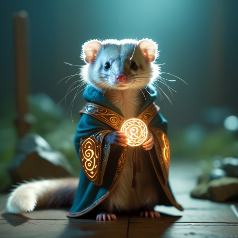  a mystic cute ferret wearing a glowing runes cloak,standing and catching a staff covered in glowing runes,high-resolution,big eyes,Photorealistic,realistic,analog style,realistic,film photography,soft lighting,best quality,ultra detailed,master piece
