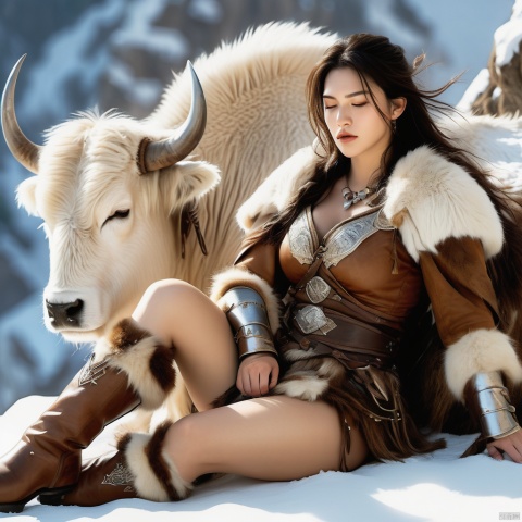  Portrait photography, a beautiful barbarian warrioress,sleeping contentedly next to her big white war yak. Tan boots and armor of brown leather and fur. Snowy mountain ledge path sketched background. Volumetric and dynamic lighting. Hyperrealistic photorealistic hyperdetailed maximalist masterpiece. Incredible dark romance fantasy