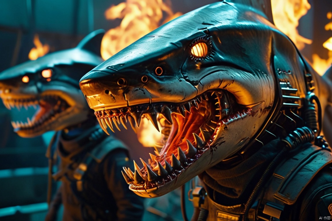  closeup cinematic still ,Fantasy, cyberpunk style, semi mechanical humanoid creatures (shark heads), mechanical creatures,wearing German uniforms,glowing pipelines and exoskeletons, flames in mouth,shot from cinema ,from a movie