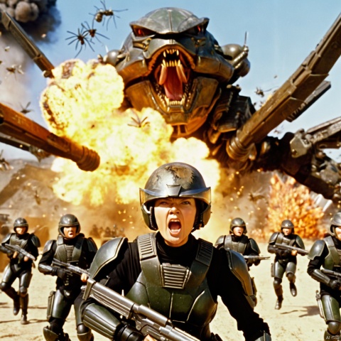 Starship Troopers,film screenshot,film grain ,female scifi space marine with helmet off, in the background soldiers are fighting, explosions. she is looking towards the camera shouting at someone. High realism. As if I was there. Photo realistic.background is many huge bugs,movie film, Movie Still