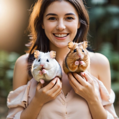 beautiful women holding up two cute hamsters while laughing maniacally,dual wielding hamsters,depth of field,cinematic,