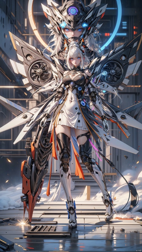  (cyberpunk),Maintenance workshop,luminous,in dark room,dynamic pose,posing, rgblights,night,lights,mechanical wings,wings,mechanical wings with fans,1girl,solo,blue eyes,mecha musume,dress,white hair,,hair ornament,mechanical luminous earphones,mechanical helmet,Volumetric Lighting,rim light,bright,Metal wings with ornate stripes,floating hair,Gorgeous battle scenes, light effects, Tianqi Ji