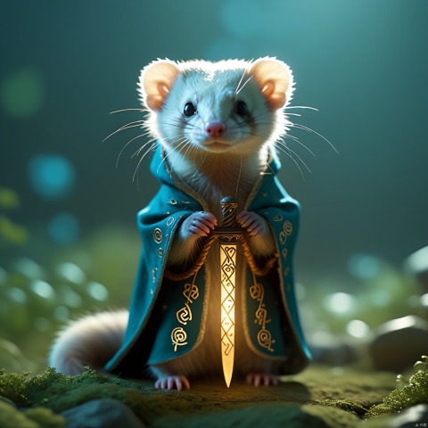  a mystic cute ferret wearing a glowing runes cloak,standing and catching a staff covered in glowing runes,high-resolution,big eyes,Photorealistic,realistic,analog style,realistic,film photography,soft lighting,best quality,ultra detailed,master piece